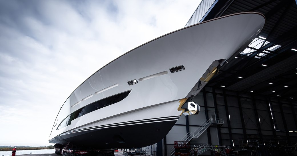 Ground view looking up at the bow of sport fishing yacht Project 406