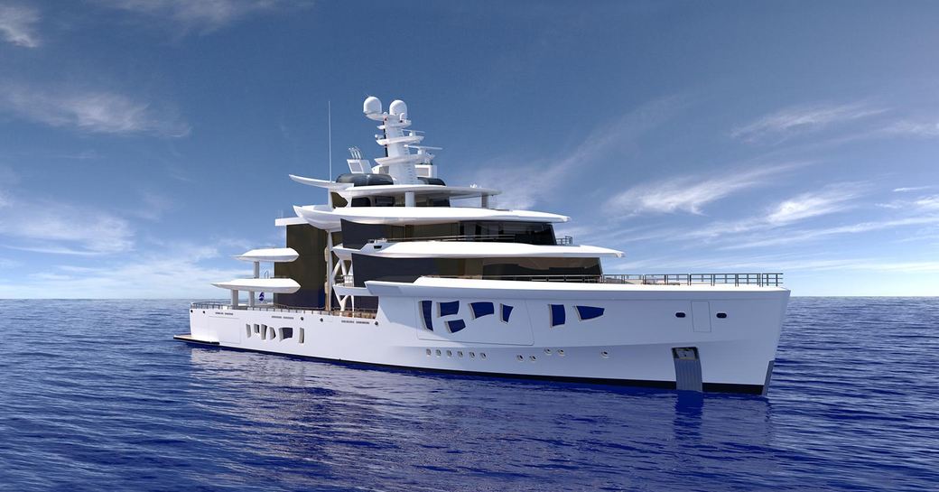 Rendering of luxury yacht ARTEFACT at anchor 