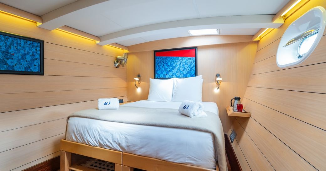 Guest cabin with double berth central onboard catamaran yacht charter DOUCE FRANCE