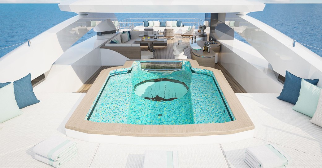 Overview of a large Jacuzzi on the sun deck onboard superyacht charter ETERNAL SPARK