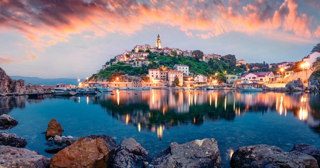 Croatia island with houses at dusk