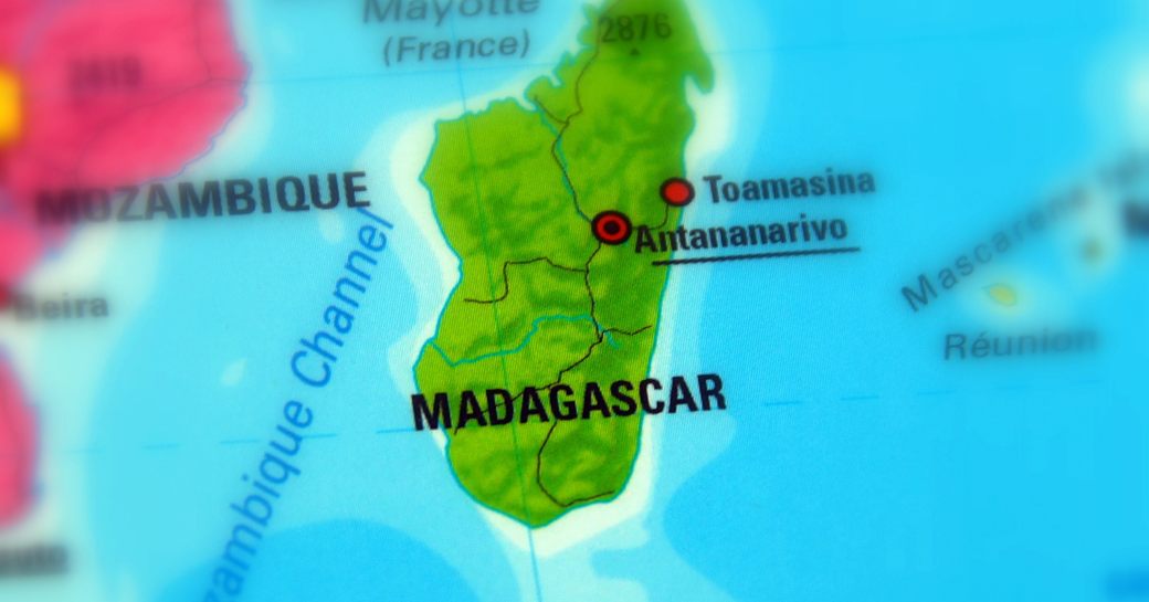 An outline of the island of Madagascar on a map