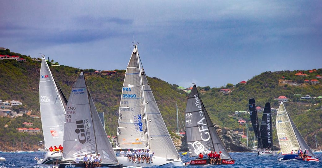 line up of sailing yachts at Les Voiles de Saint Barth 2017