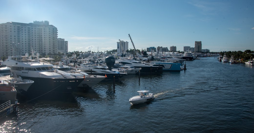 tender crusing the waters by FLIBS 2019 overlooking the impressive and expansive superyacht fleet showcasing various shipyards 