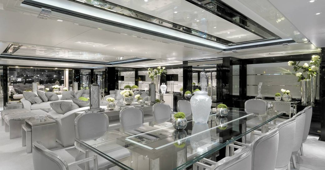 Formal dining area on superyacht Silver Angel