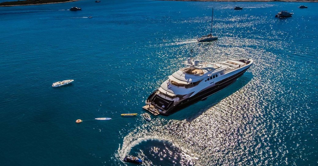 agram yacht aerial shot of luxury yacht at anchor
