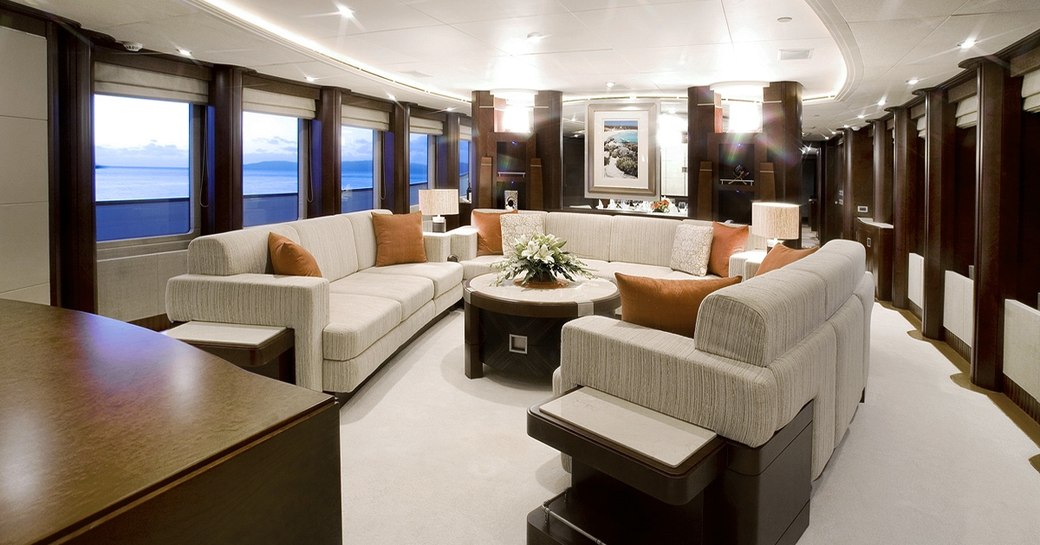 elegant and stylish main salon aboard superyacht De Lisle III