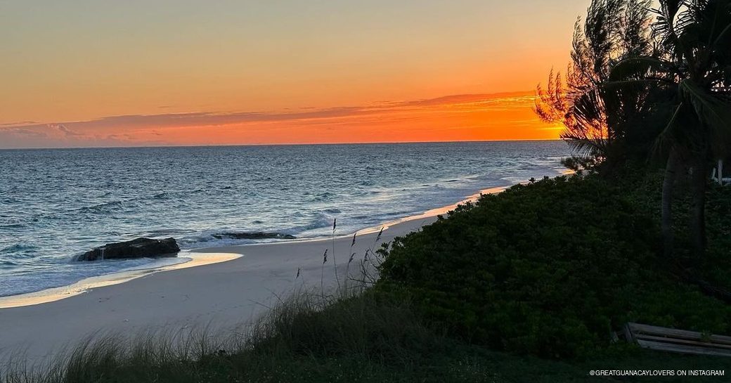 Sun setting over a beach on the Cay behind shrubbery