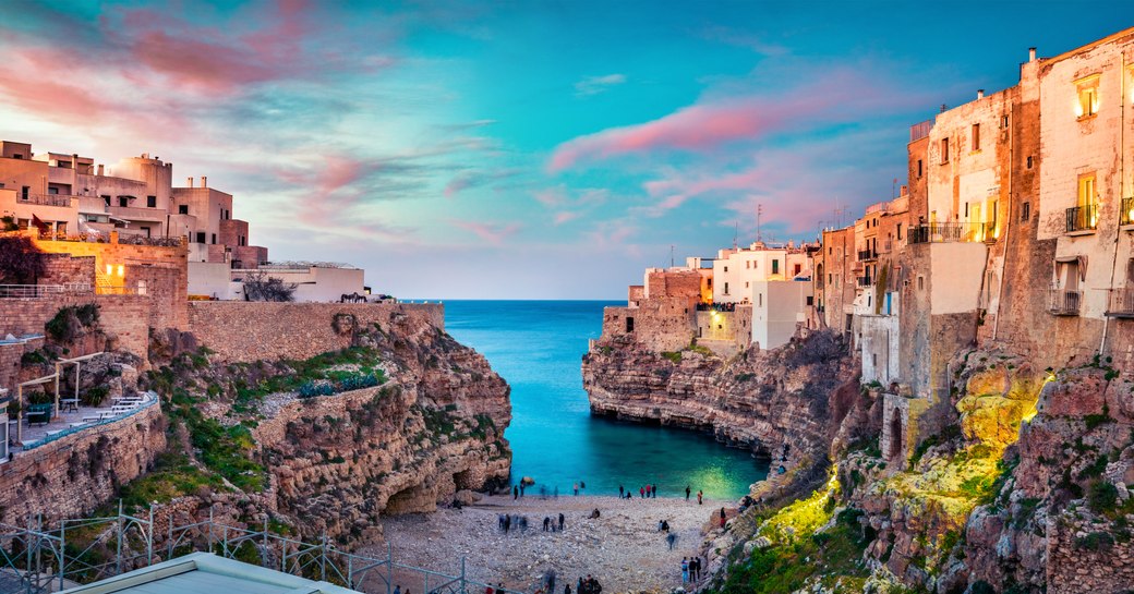 Spectacular spring cityscape of Polignano a Mare town, Puglia region, Italy,