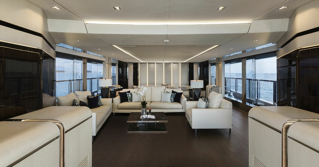 charter yacht EVA. 4EVA bright and breezy main salon with minamilst features that carry throughgout 