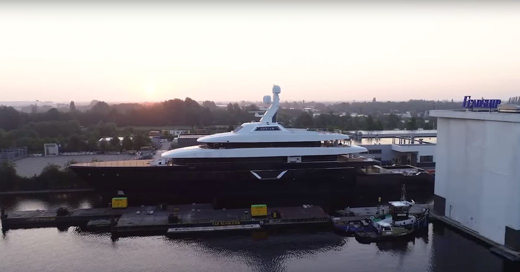 Feadship superyacht LONIAN in a berth outside the Dutch shipyard