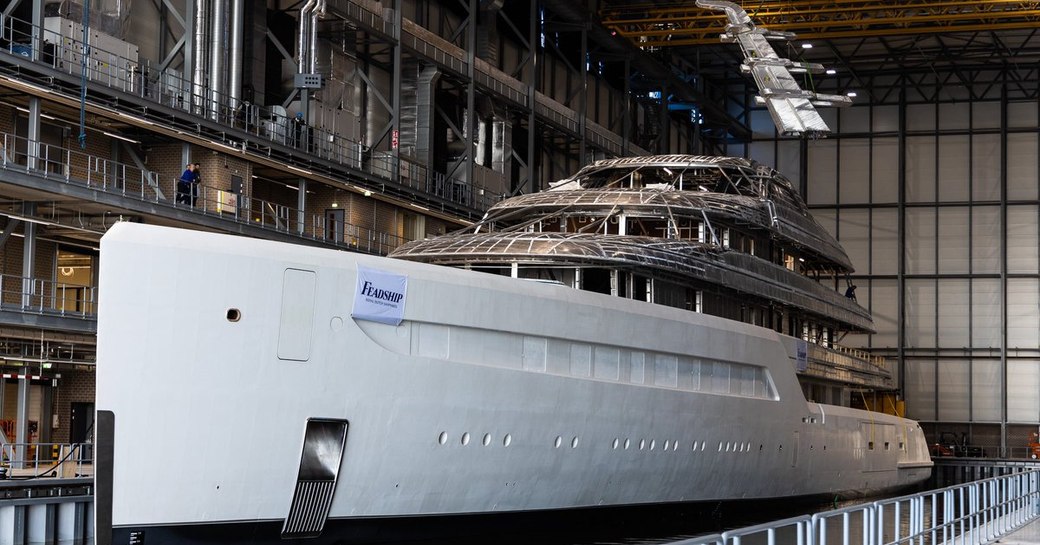 Feadship megayacht 816 seen in dock in Amsterdam