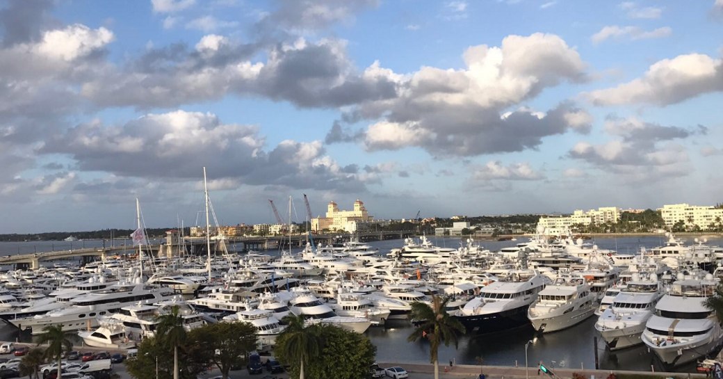 boats and yachts lined up for the Palm Beach Boat Show 2017