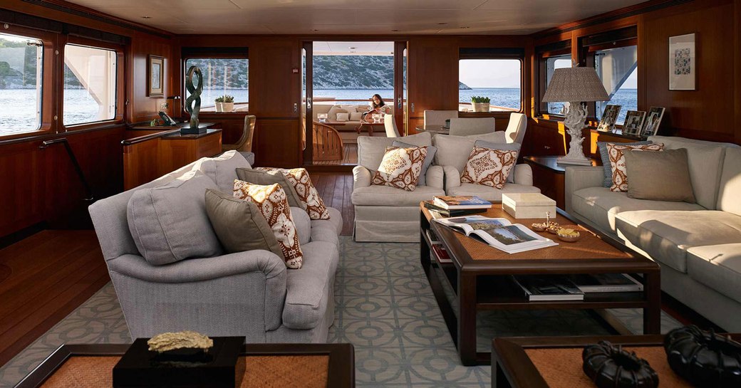 classically-styled main salon aboard luxury yacht ANCALLIA 