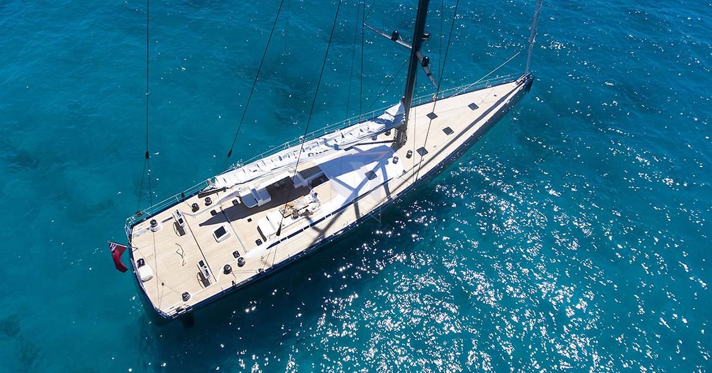 overhead shot of superyacht SHAMANNA as she cruises on charter in the turquoise waters of Antigua