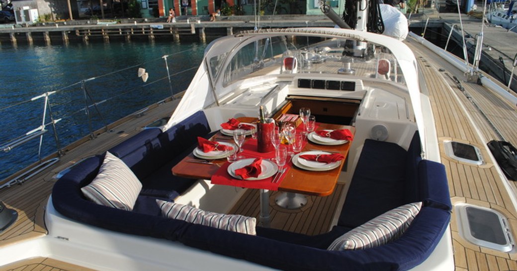 cockpit alfresco dining table on board sailing yacht La Forza Del Destino 