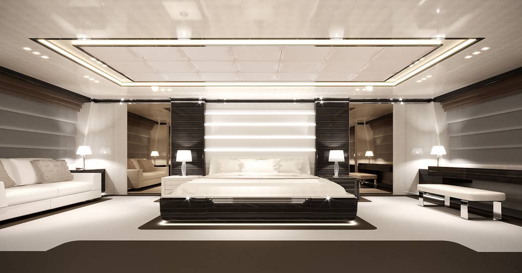 A graphic rendering of the mater cabin on board superyacht O'MATHILDE