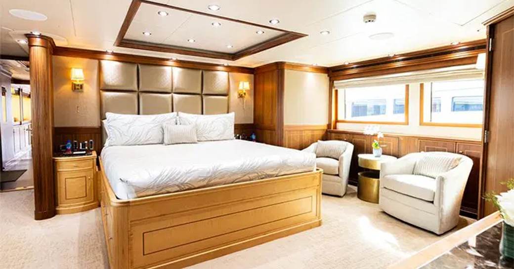 Master cabin with central berth onboard charter yacht INVICTUS