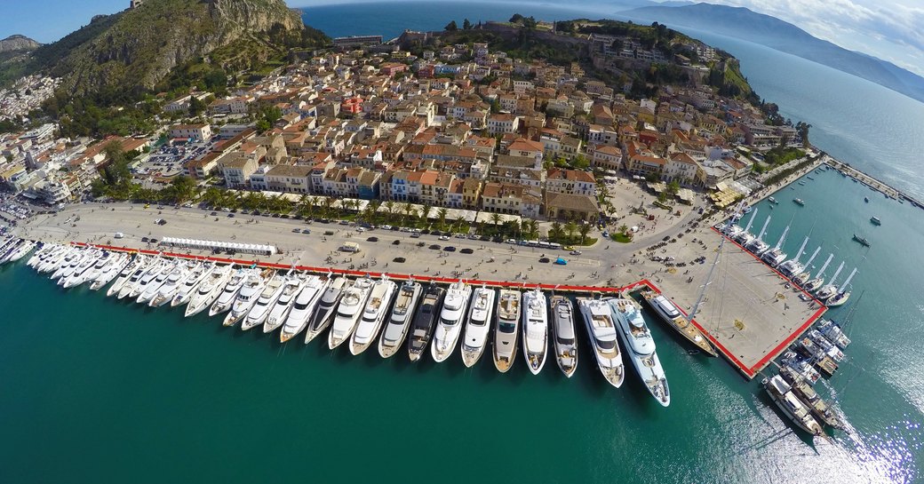 Aerial of luxury charter yachts at show in Nafplion Greece