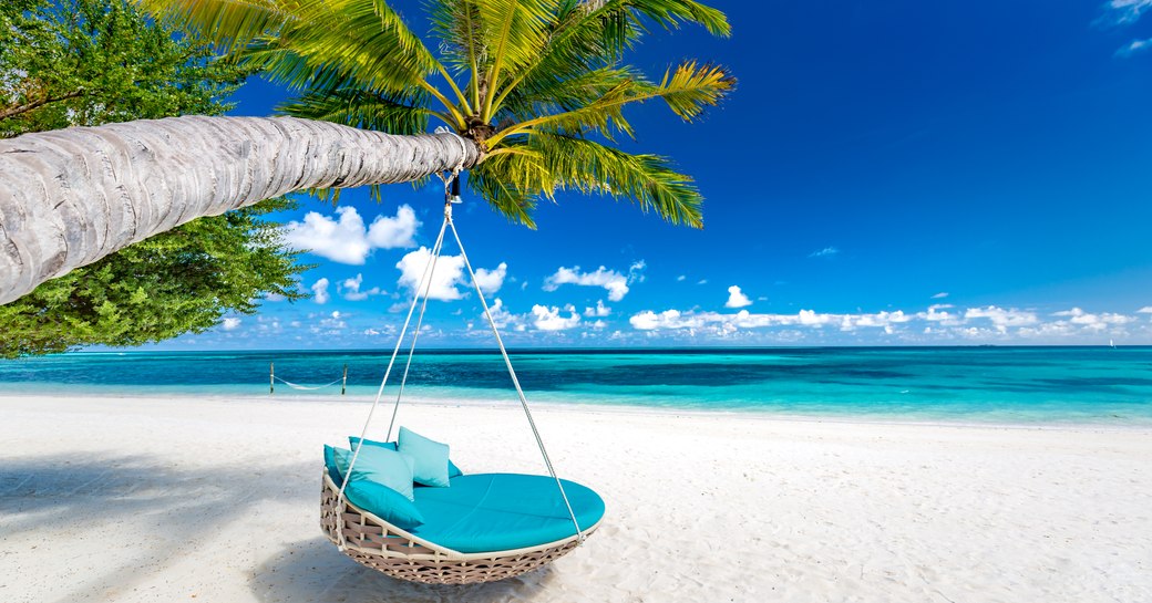 Hammock swing hanging off a palm tree on a white beach in the Bahamas