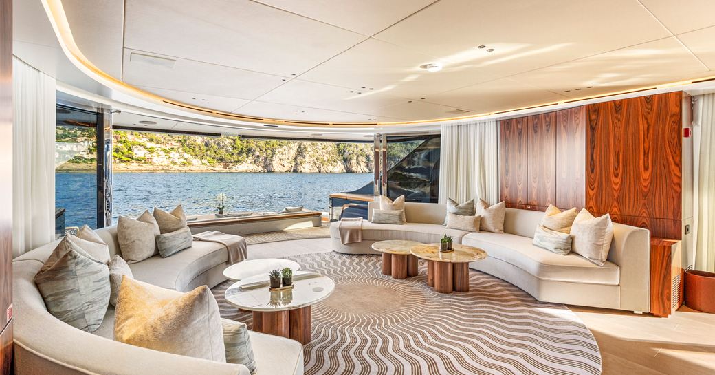 Interior lounge area onboard charter yacht LIV LOVE