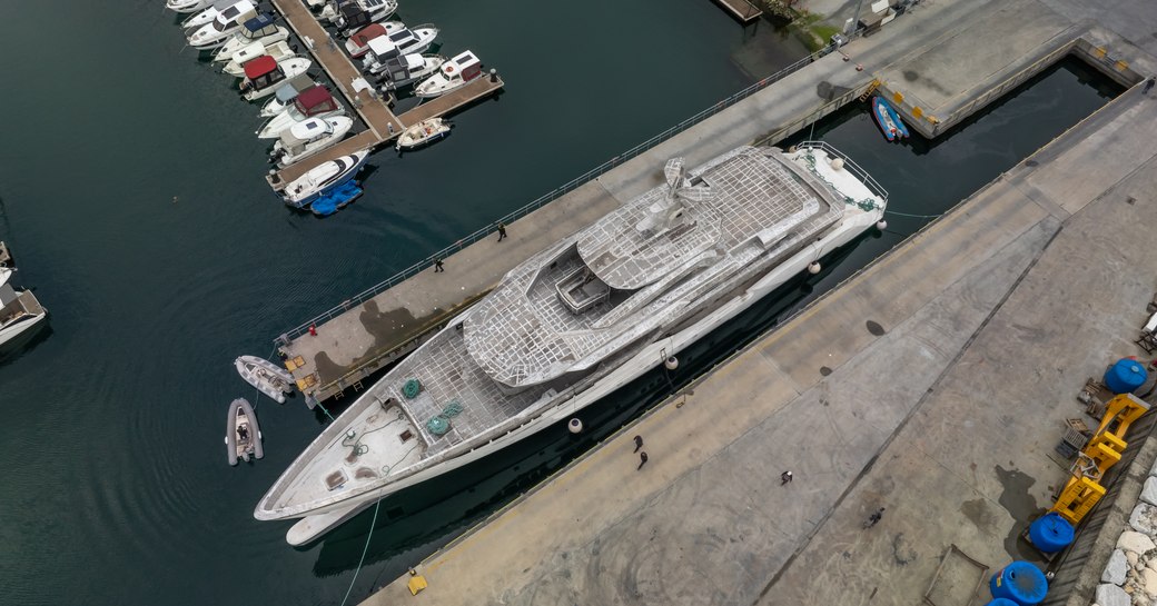 Aerial view looking straight down on the Bilgin 170 motor yacht in the dock.
