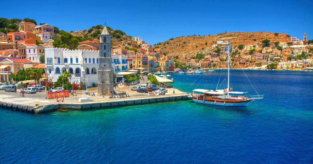 Bright blue water in marina in Greece