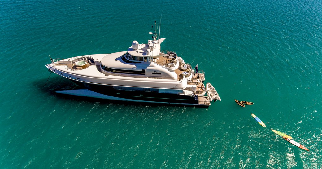 aerial shot of luxury catamaran spirit 