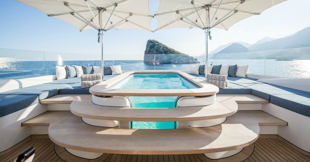 Jacuzzi and awnings on sundeck of luxury yacht RUYA 