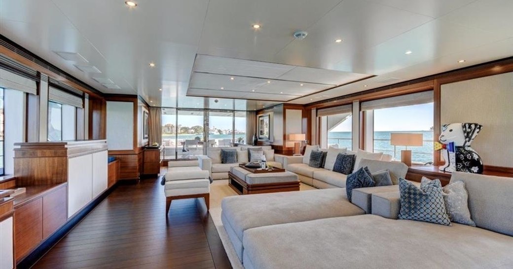 modern beach house style main salon aboard motor yacht Drew 