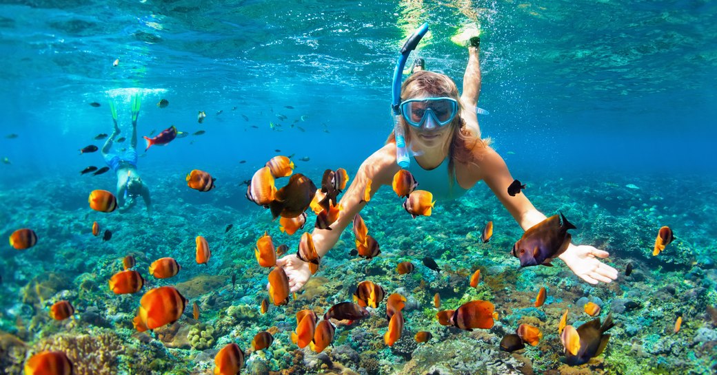 LAdy udnerwater snorkeling in clear sea with numerous colorful fish around