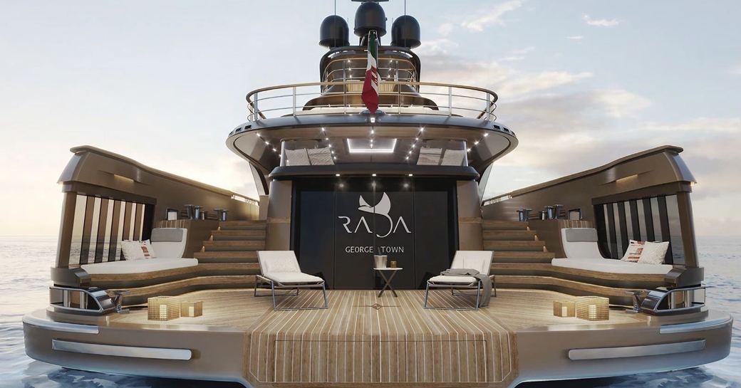 Swim platform onboard superyacht charter RAJA with four sunloungers