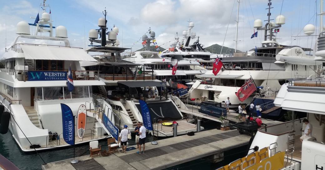 charter yachts lined up in the Antigua Yacht Club Marina for the Antigua Charter Yacht Show 2017