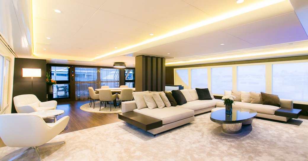 monochrome main salon on board charter yacht SAHANA 