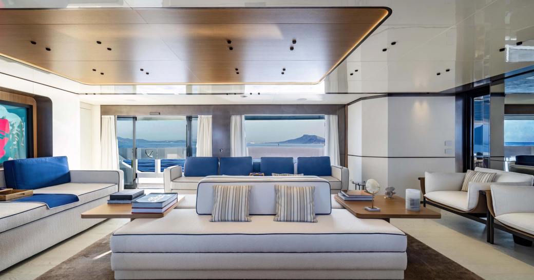Overview of main salon onboard charter yacht ACQUA CHIARA