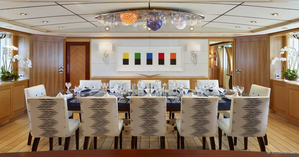 Formal dining area onboard MY Victoria del Mar