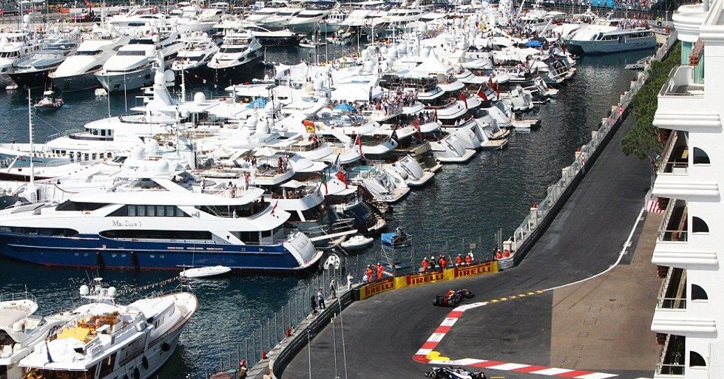 Yachts lining the track at the Monaco Grand Prix
