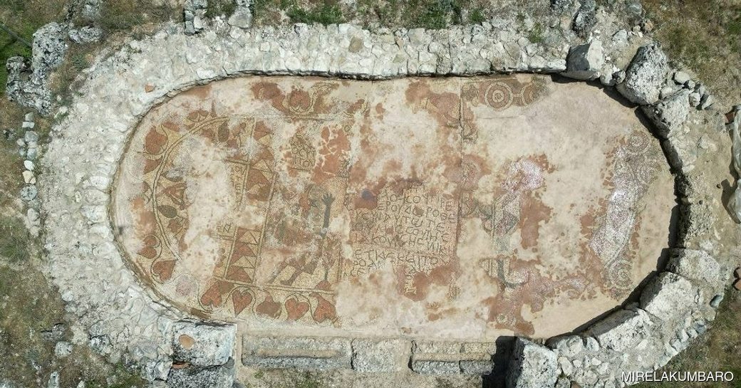 Aerial view of an ancient stone mosaic inside Gjirokastra Castle, Albania