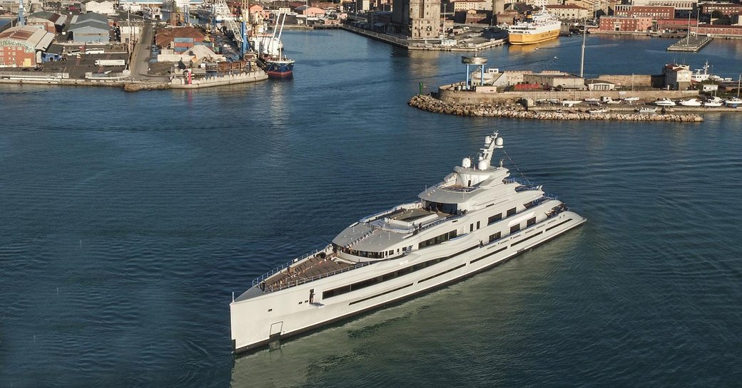 aerial view of lana yacht leaving benetti facilities