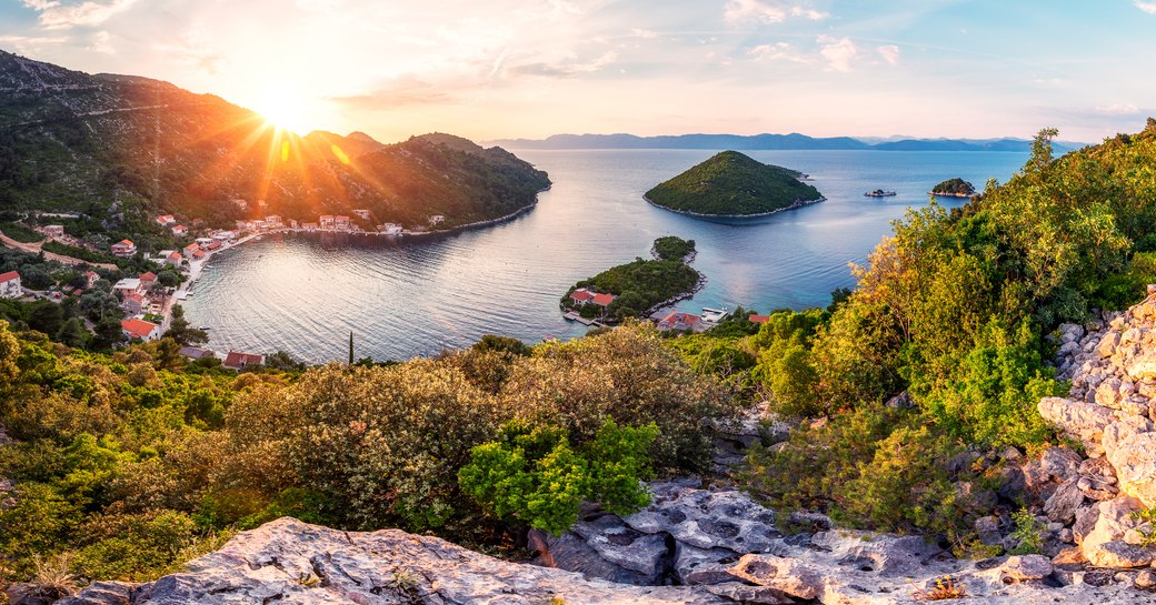 Panoramic view and sunset image of Prozurska luka at island Mljet in Croatia