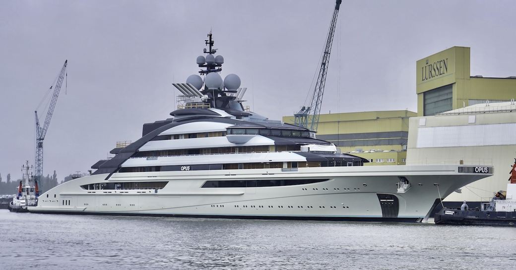 Lurssen megayacht NORD at anchor by Lurssen shipyard, still boasting previous name Project Opus