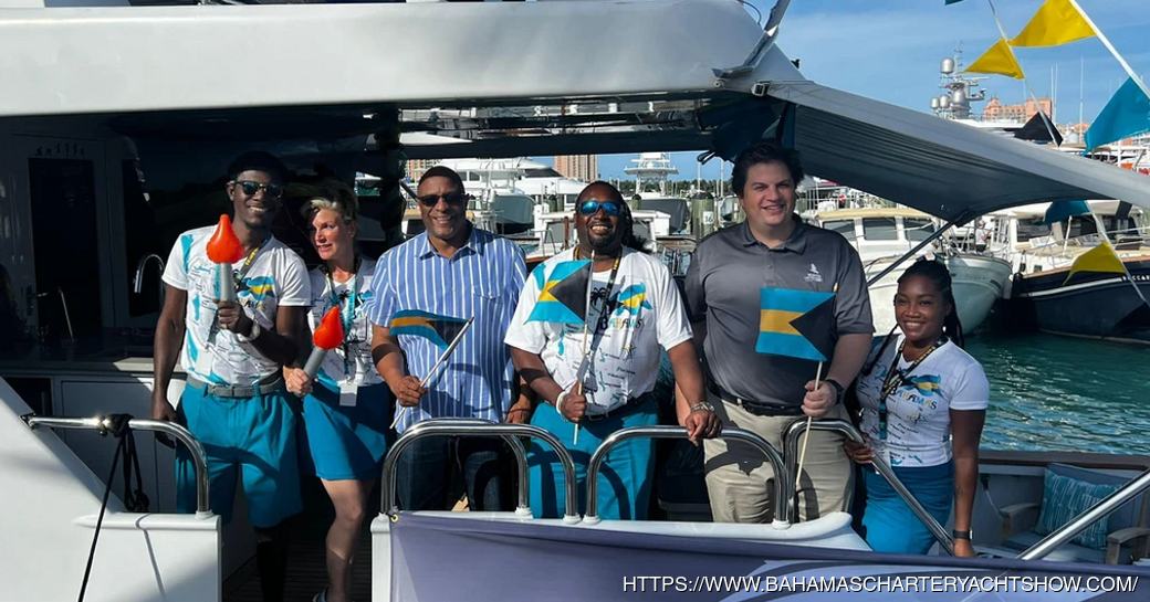 Crew onboard a superyacht charter with Bahamas flags