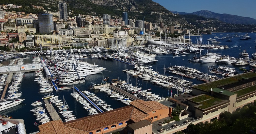 The monaco harbour filled up with superyachts