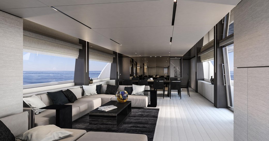 light, modern and airy main salon aboard luxury yacht December Six 