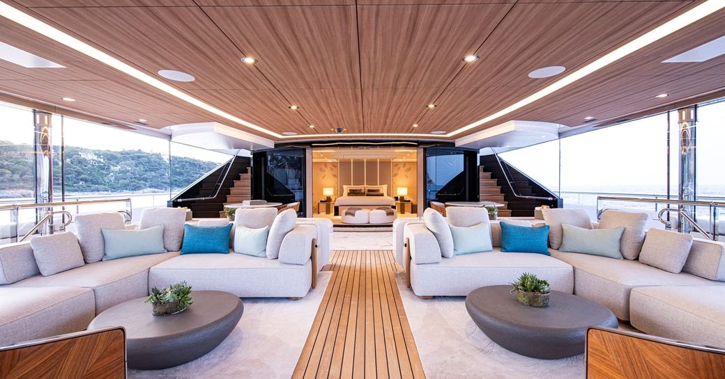 Upper salon and plenty of seating onboard charter yacht LUNA