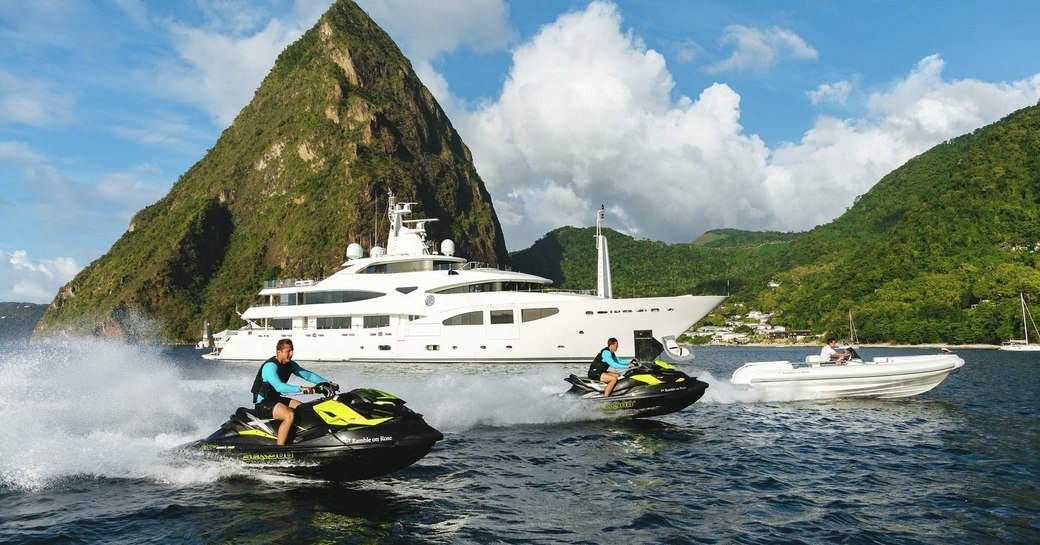 superyacht ramble on rose cruising the med during the coronavirus pandemic with her guests playing on some water toys