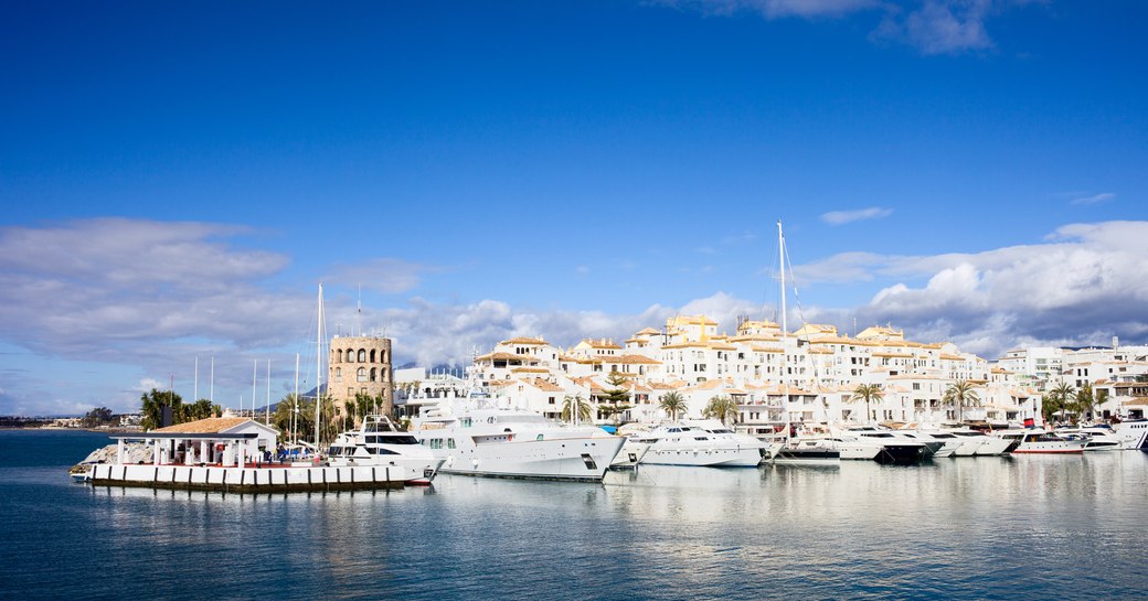 Yachts lined up in Napflio Harbor in Greece