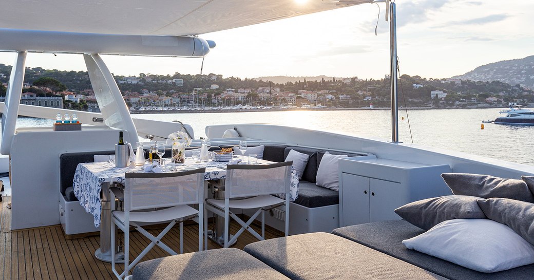 Alfresco dining area on Mondo Marine motor yacht TALILA