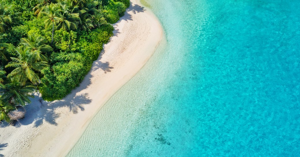 white sand beach lapped by turquoise waters in the Maldives