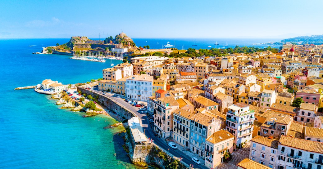 Elevated view looking down on the coastline of Corfu